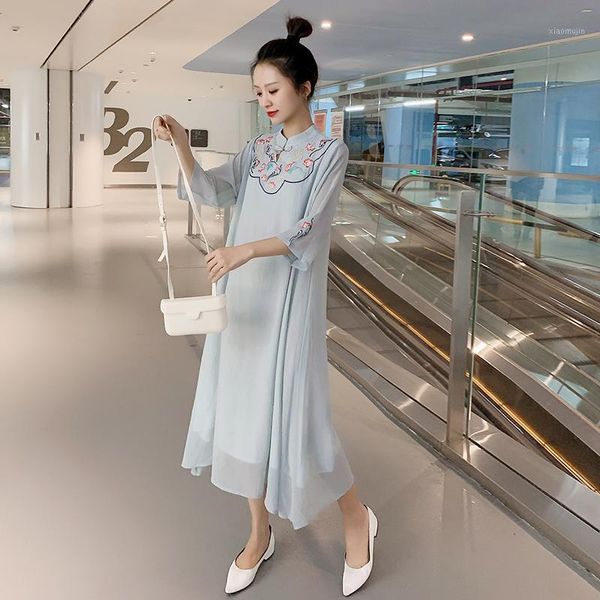 

maternity dresses chinese style floral embroidery loose dress summer three quarter sleeve mandarin collar pregnant women chiffon dress1, White