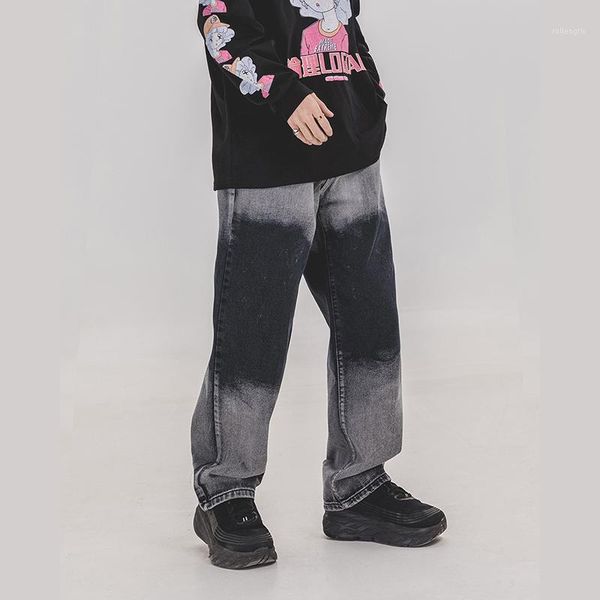 

tie dyeing gradient straight loose jeans pants washed frayed wide leg denim trousers harajuku baggy oversize hip hop pants men1, Blue