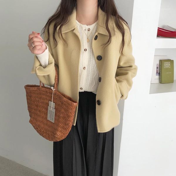 

women autumn winter turn-down collar short wool coat button hided elegant woolen overcoat long sleeve outwear jacket1, Black