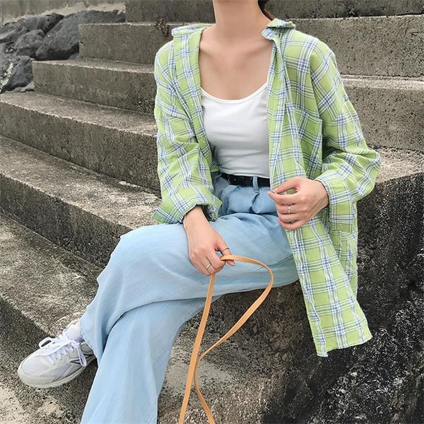 

loose casual plaid shirt female korean harajuku cute women's shirts ulzzang japanese kawaii ladies vintage clothes for women, White