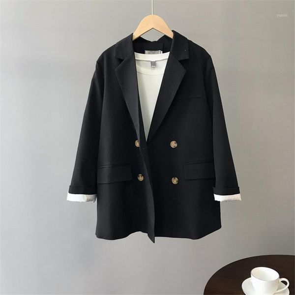 

womenautumn double breasted slim blazer jacket plaid casual office turndown neck blazer coat1, White;black