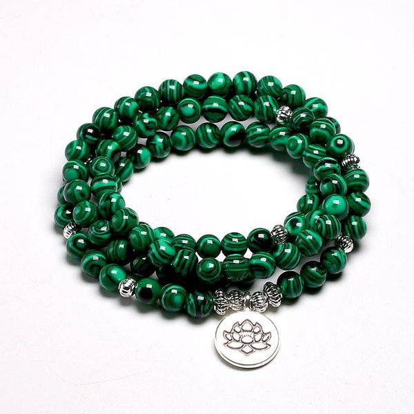

tibetan 108 mala bracelet malachite stone beads bracelets yoga lotus om buddha 6 mm, Black