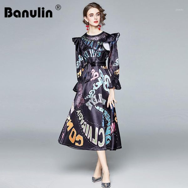 

spring autumn fashion letter graffiti print runway long dress women's flare sleeve ruffles bow sashes lace-up holiday maxi dress1, Black;gray