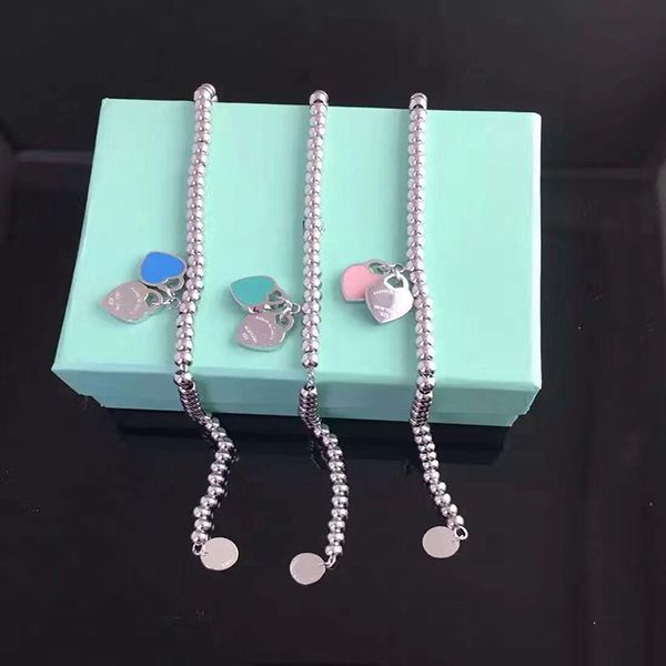 

original women double love heart versus love heart 4mm round bead bracelet s925 sterling silver luxury brands jewelry gift 1028, Black