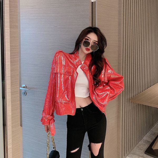 

2021 new winter short patent leather female korean high street women outerwear pu biker jacket spring warm ladies fashion 1j28, Black