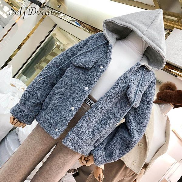 

self duna 2019 autumn winter women hooded jacket coat lambswool warm casual suede lamb female outerwear, Black