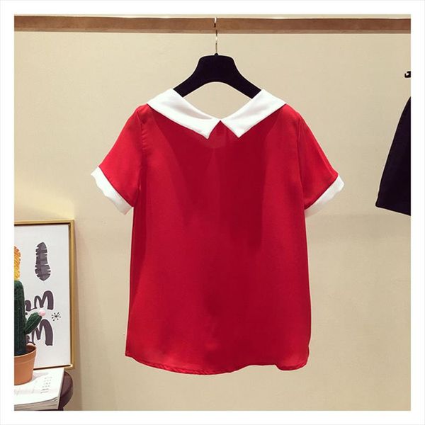 

women spring summer cute chiffon blouses shirts lady casual peter pan collar short sleeve beading blusas dd1797, White