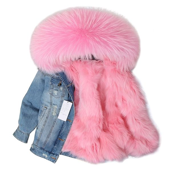 

maomaokong denim jacket natural fox fur lined jacket coat 201112, Black