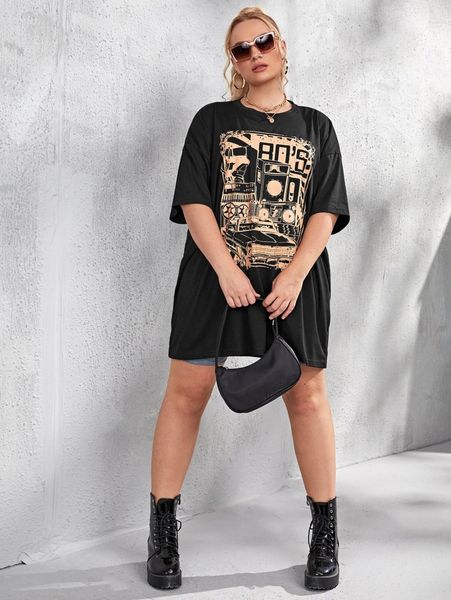 

plus graphic print drop shoulder oversized tee a8sz#, Black