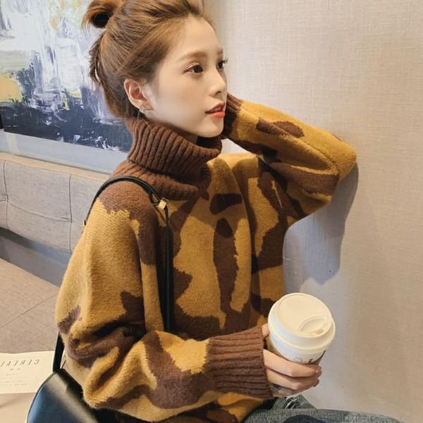 

2021 Autumn and Winter New High-neck Leopard Print Shirt Red Woman Lazy Woman's Sweater Wind Loose Jacket RSOW, White;black