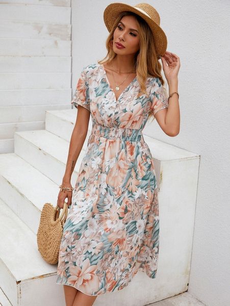 

floral shirred waist dress e8go#, Black;gray