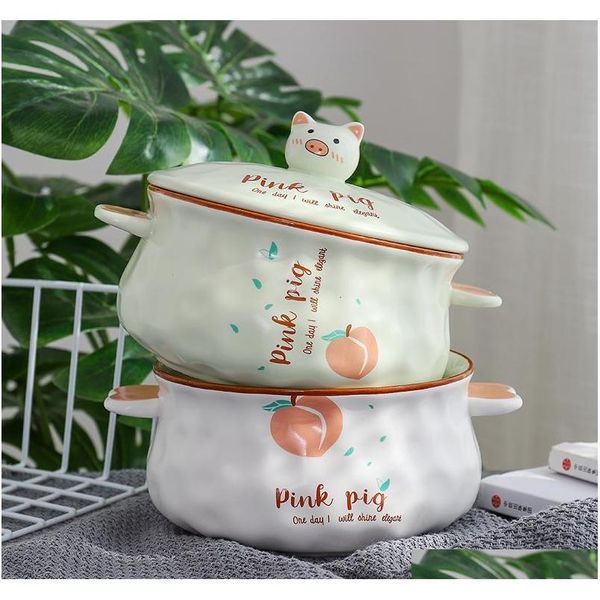 

1l creative cartoon pig ceramic instant noodle bowl with lid soup pot anti-scaldi jllaux jjxh