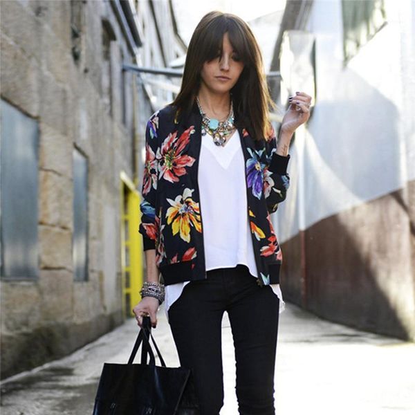 

ladies black floral print long sleeve bomber jacket women spring autumn coat female vintage zipper ethnic jacket basic coat1, Black;brown