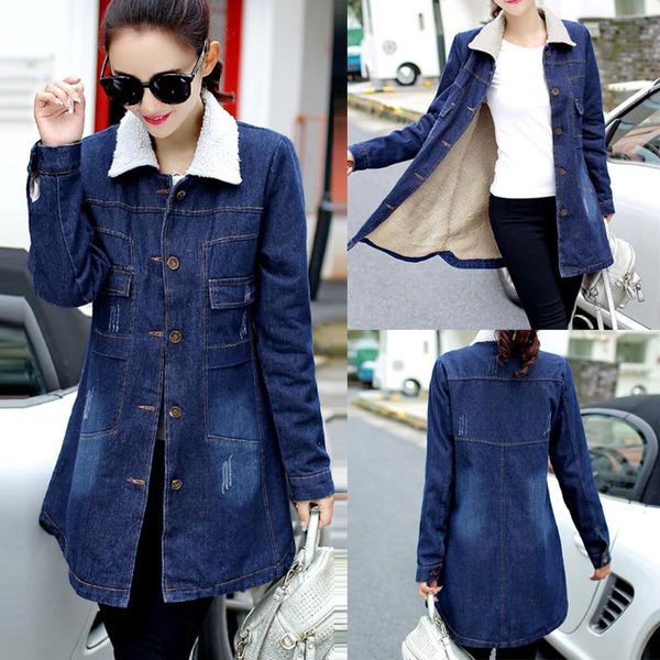 

fashion women jeans coats denim blouse outerwear autumn winter jackets lapel thick long sleeve lady loose coat basic, Black;brown
