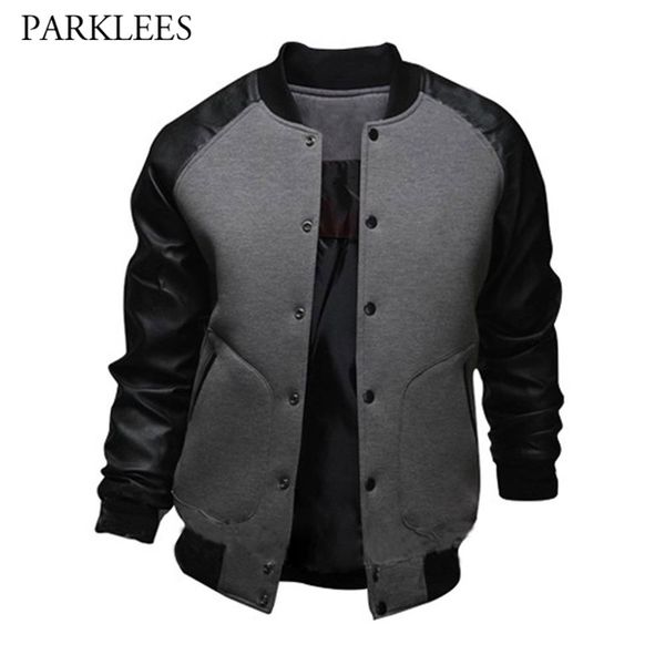 Serin Kolej Beyzbol Ceket Erkekler Yeni Moda Tasarım Siyah PU Deri Kollu Erkek Slim Fit Varsity Ceket Marka Veste Homme XXL 201120