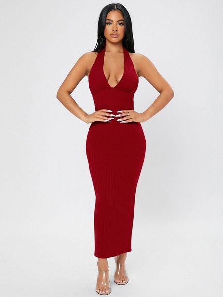 

petite ribbed knit tie backless halter bodycon dress i5ee#, Black;gray
