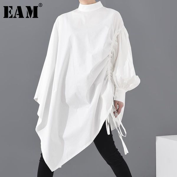 

eam] женщины white кулиской большой размер блуза новая подставка воротник с длинным рукавом сыпучие fit рубашка мода весна-лето 2020 1s2290