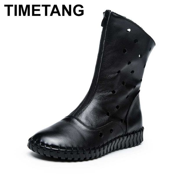 

timetang woman flat heel boots genuine leather front zipper boots cave shoes winter woman fashion booties botas mujer, Black