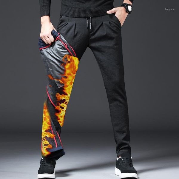 

mens winter fleece stretch zipper pocket casual pants flannel lined black grey trousers casual slacks pants young 381