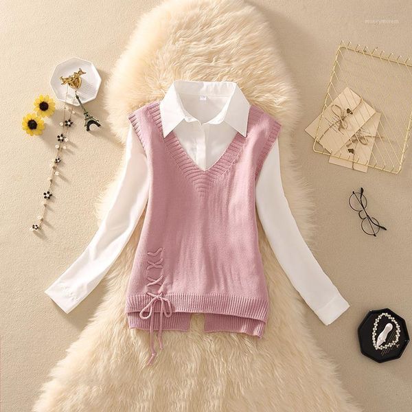 

women's tracksuits 2021 women autumn winter slim shirts sweater vest suit lady casual blouse+ knit vests two piece set female lace up l, Gray