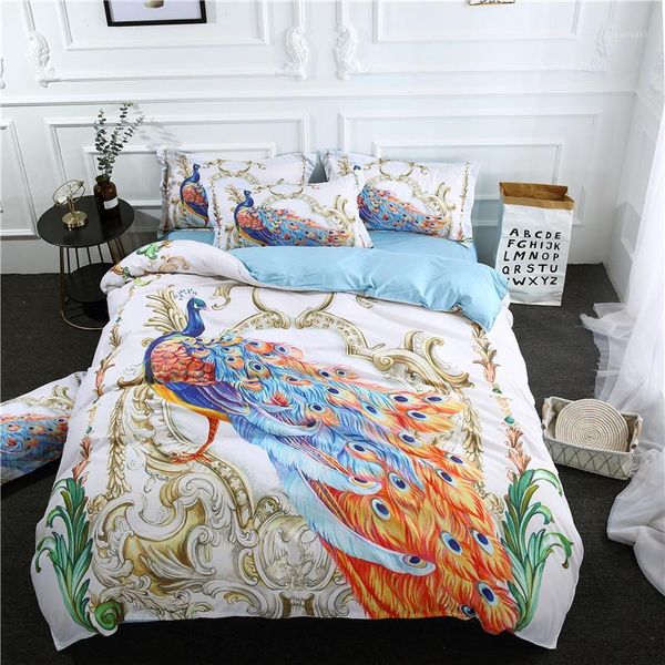 

3d colorful duvet cover bed sheet pillow case bohemian bedclothes 3/4pcs home textiles peacock animal blue white bedding set1