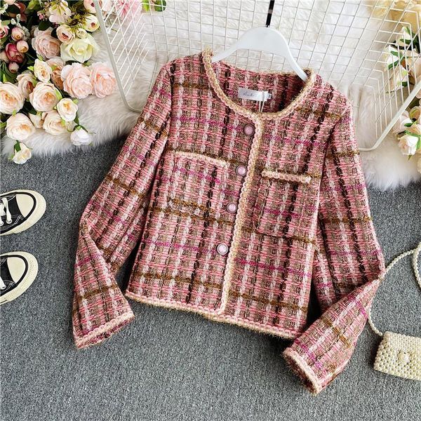 

france style winter/autumn female vintage jacket peral lurex tassel loose streetwear checkered tweed lapel thick jacket, Black;brown