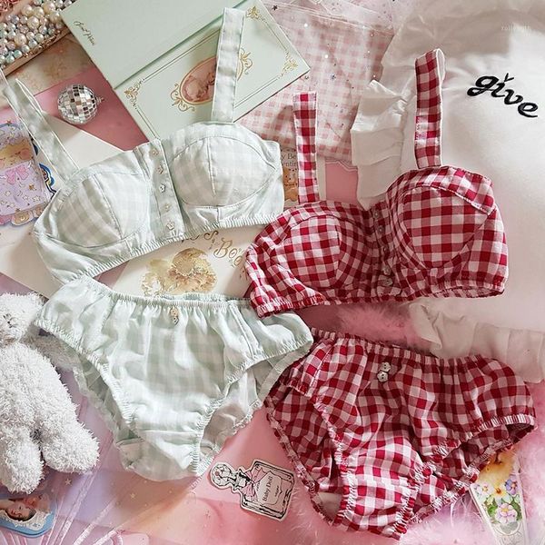 

french vintage small fresh red green plaid button strapless underwear set mori girl lolita princess bra & brief sets1, Red;black