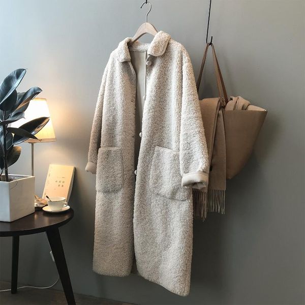 

women's fur & faux 2021 winter imitation lamb jacket coats women mid-length loose long sleeve casual warm outwear coat jackets female, Black