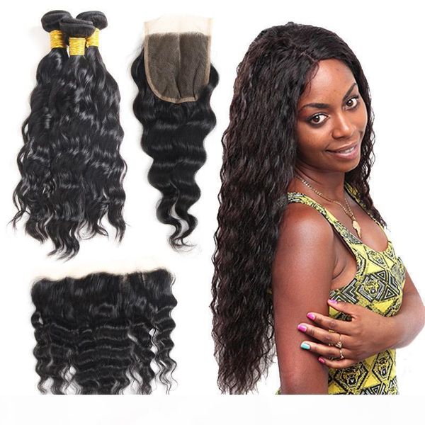 

brazilian virgin hair water wave wet and wavy human hair extensions unprocessed malaysia water wave human hair bundles with 4x4 lace closure, Black;brown