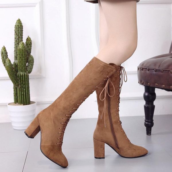 

boots lace up over knee women flats shoes woman square heel rubber flock botas winter thigh high 7531, Black
