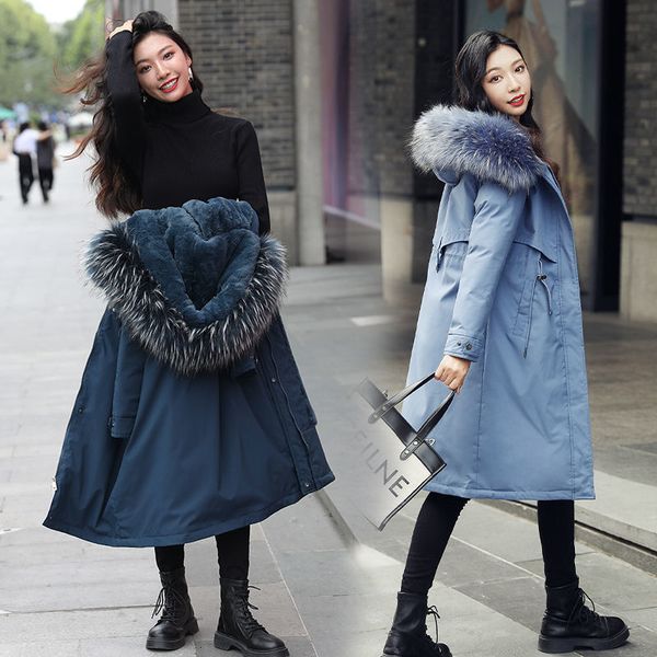 

2020 winter new down cotton padded jacket women's thicked warm parkas long hooded plus veet big fur collar parke coat y645, Black