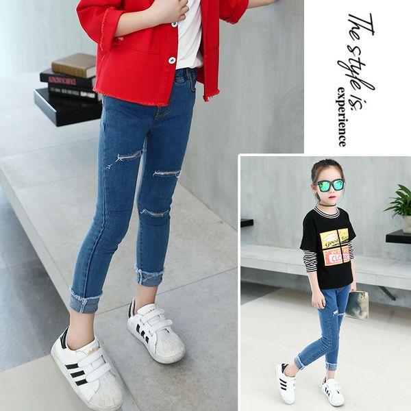 

kids girls skinny jeans autumn casual ripped pants teenager solid denim trousers fashion broken hole jeans for girls 13 years lj201203, Blue