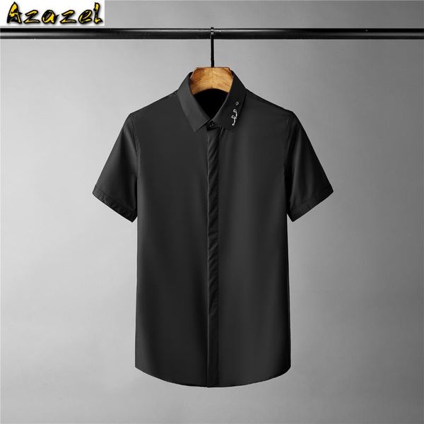

azazel solid color mens shirts luxury metal decoration short sleeve mens dress shirts fashion slim fit male plus size 4xl, White;black
