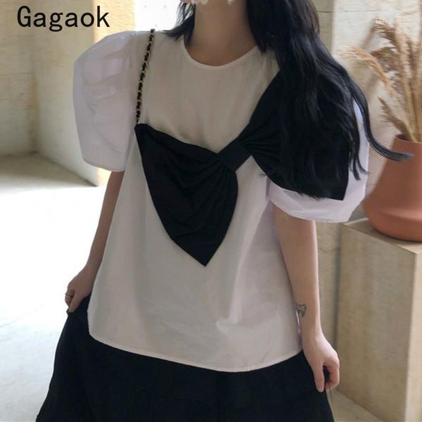 

women's t-shirt gagaok women streetwear 2021 summer arrival solid o-neck puff sleeve bow short loose tee casual chic wild pullover1, White