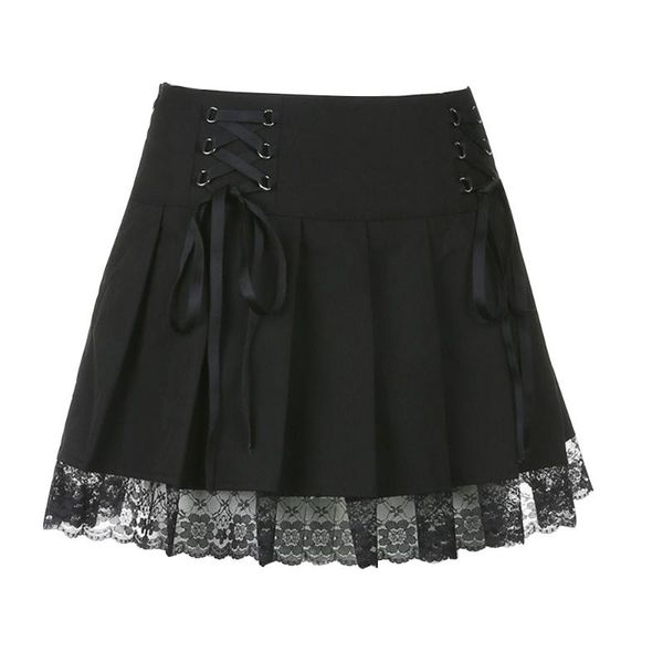 

lace up goth y2k pleated skirt woman punk style dark academia aesthetic vintage 90s streetwear black dance mini skirts