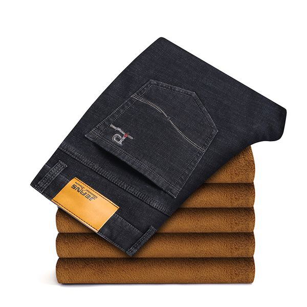 

2020 slim fit thicken fleece denim pants brand stretch jeans male winter new men's warm jeans elasticity plus size 44 46 q0105, Black;white