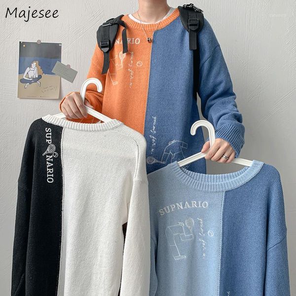 

pullovers men patchwork letter embroidery knitted autumn outwear harajuku trendy o-neck retro chic streetwear ulzzang loose new1, White;black
