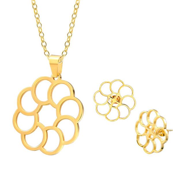 

rir simple flower jewelry sets sliver & gold stainless steel charm hollow out flower chain necklace with stud earrings for women, Silver