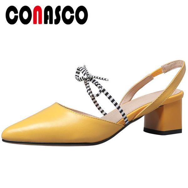 

conasco 2020 summer genuine leather women sandals fashion casual butterfly-knot mary jane pointed toe thick heels shoes woman, Black