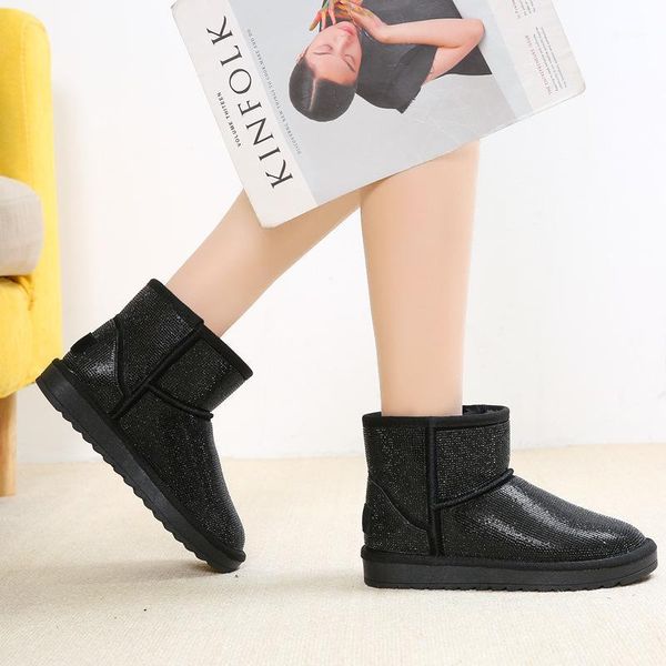 

yourseason warm ladies winter snow boots genuine leather new 2020 round toe flat with sewing female concise ankle platform shoes1, Black