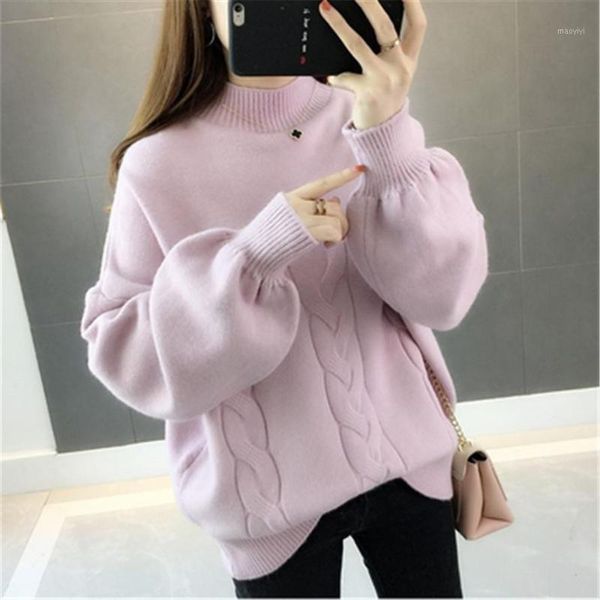 

korean winter women sweater half turtleneck lantern sleeve knit pullover loose plus size 5xl fashion jumper 1, White;black