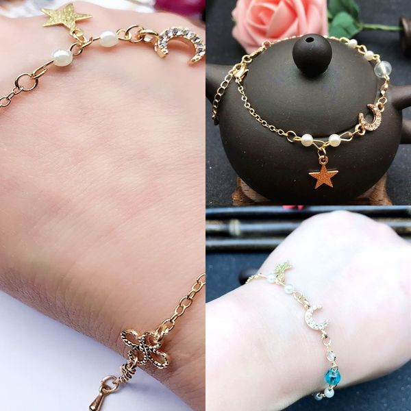 

6ymr4 net red simple korean style male and female lovers girl dream colored stone flash diamond bracelet moon bracelet star bracelet ugew3, Golden;silver
