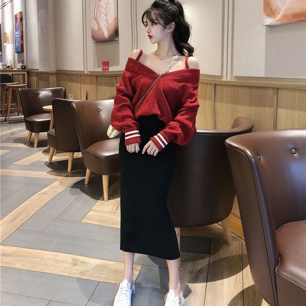

fall 2020 new off shoulder loose sweater + high waist split skirt two piece set suit women's fashion trend