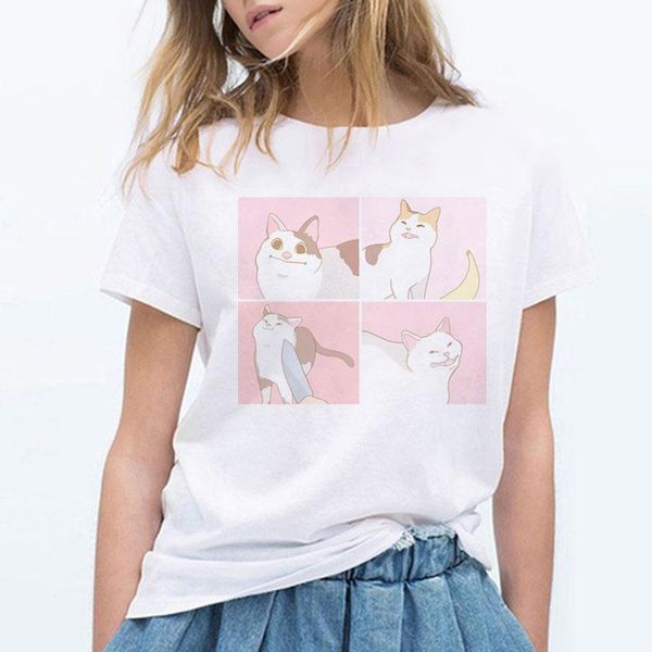

women tshirt female cartoon cat tees short sleeve casual ulzzang kawaii harajuku t shirt vintage women t-shirt clothes, White