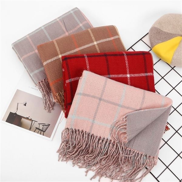

fashion plaid women tassels scarf double side thick warm winter long size female cashmere scarves y201007, Blue;gray