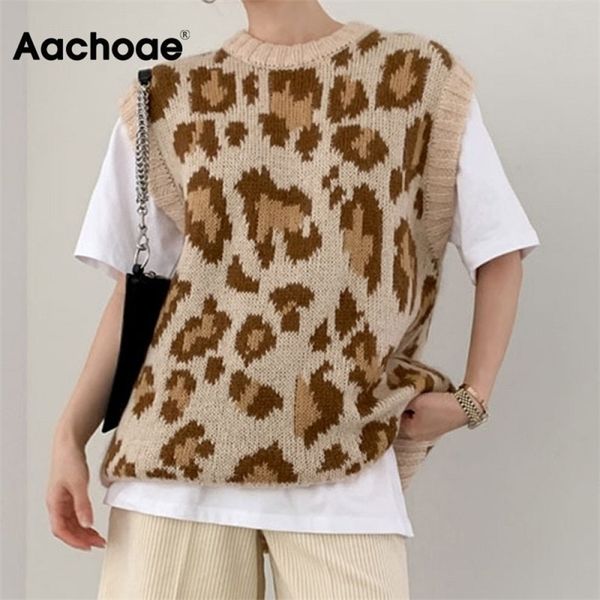 

aachoae high street leopard sweater vest women o neck pullover sweaters sleeveless loose fashion knit ladies autumn spring 201130, White;black