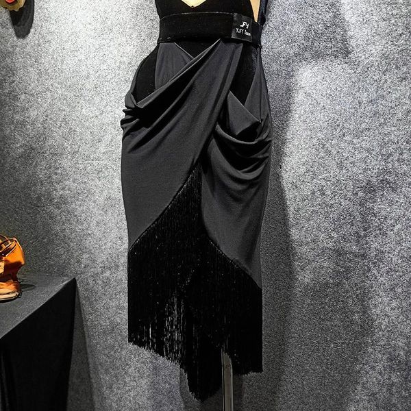 

stage wear latin dance skirts rumba cha samba performance clothes female personality irregular fringe skirt practice dn4367, Black;red