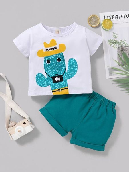 

baby boy cartoon graphic tee & shorts she, White