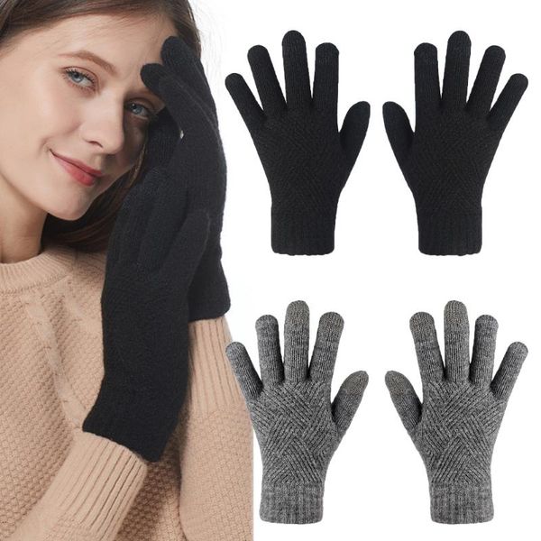 

five fingers gloves full finger female winter warm knitted mittens men solid woolen touch screen thick cycling driving, Blue;gray