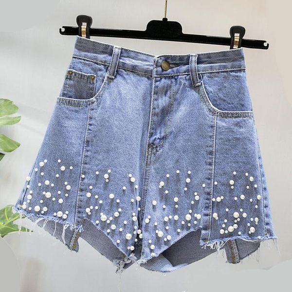 

women's jeans women clothes shorts solid color beaded thin high waist harajuku wild wide leg pants, Blue